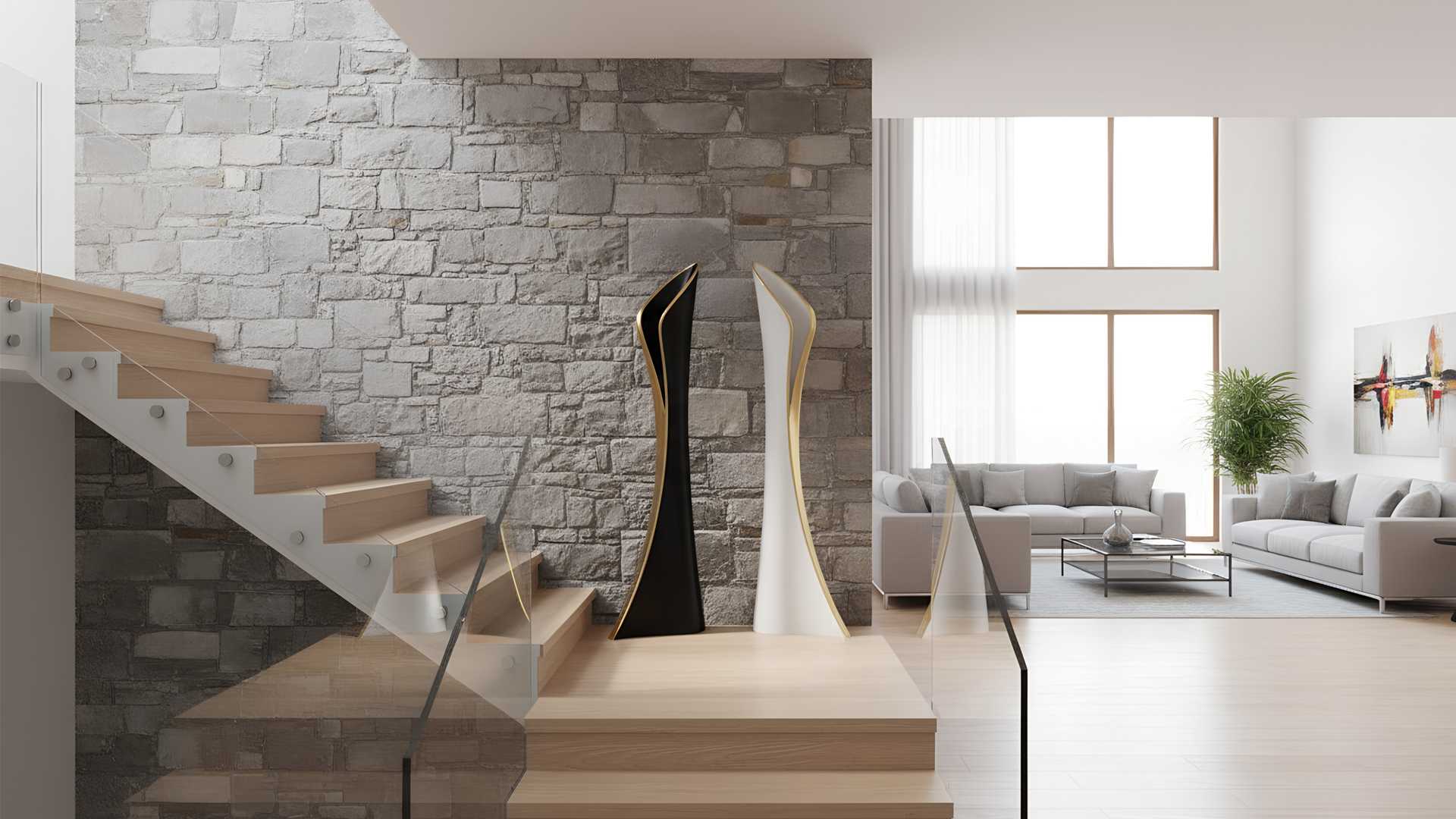 Sculpture Hakoba dans une entrée à l'architecture minimaliste