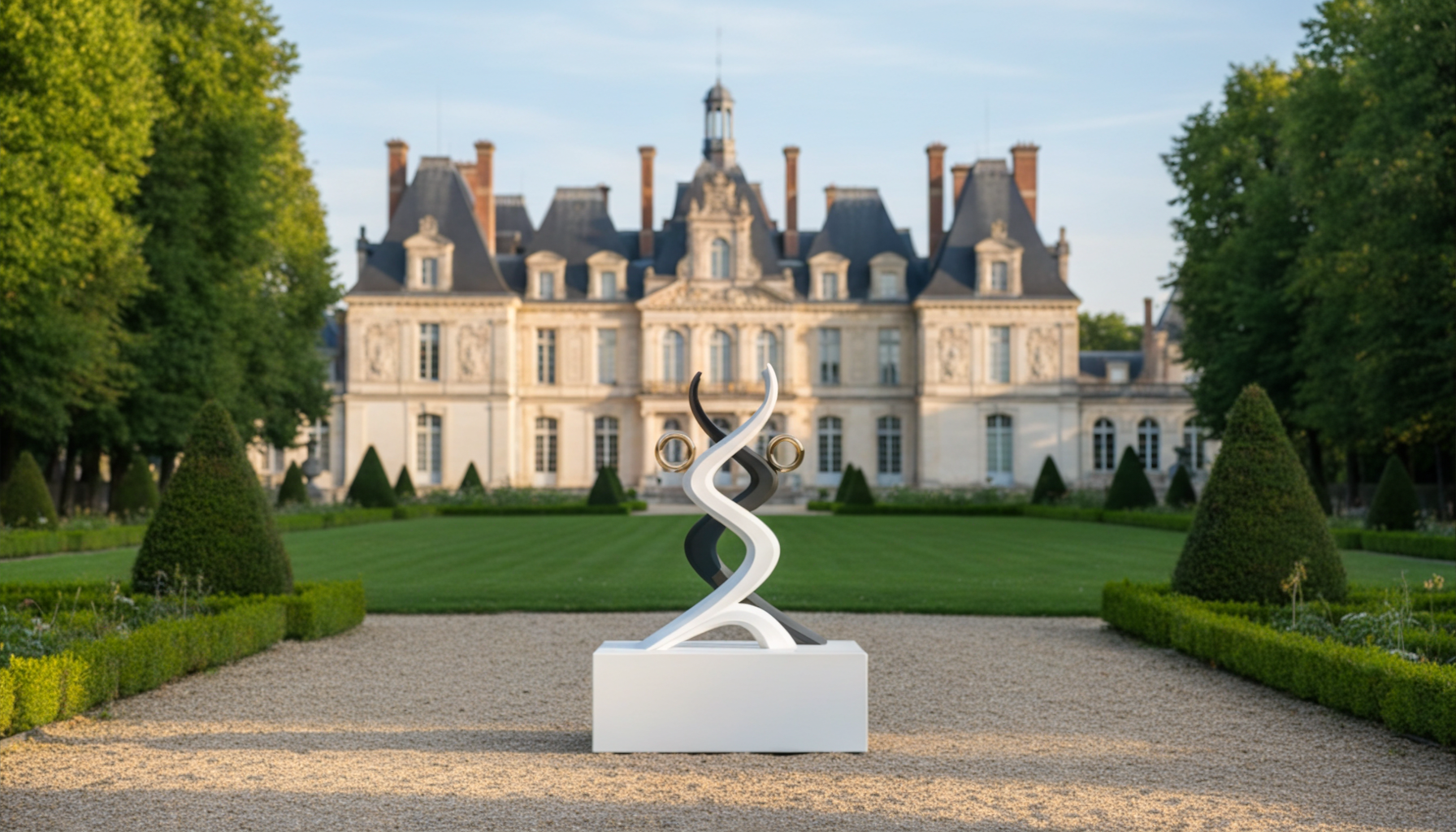 Sculpture Séléna monumentale dans un parc arboré devant un château